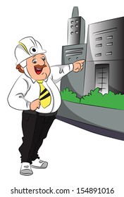 Vector illustration of happy engineer pointing towards the building.