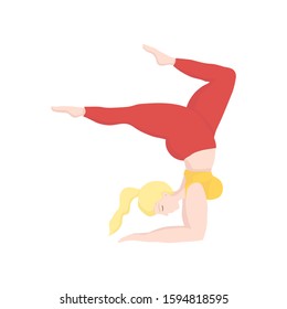 Vector illustration with happy european of oversized woman in yoga position handstand. Sport and body health positive concept. Love body. Attractive woman of large sizes an active healthy lifestyle