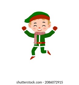 vector Illustration happy expression cute kids with blonde hair wearing green Christmas costumes and red white scarf for banner, education, parenting, poster, advertisement, asset and etc.