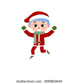 vector Illustration happy expression cute kids with blue hair wearing red Christmas costumes and green white scarf for banner, education, parenting, book, content ,poster, advertisement, asset.