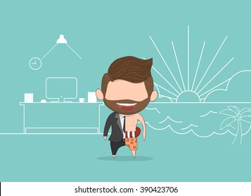 Vector illustration of a happy face businessman with beard. a concept of balancing personal life between office and holiday.