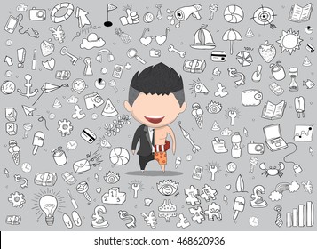 Vector illustration of a happy face businessman. a concept of balancing personal life between office and holiday. drawing by hand vector.