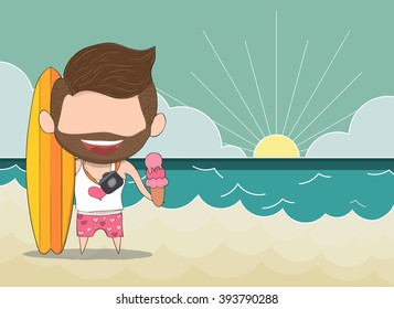 Vector illustration of a happy face man with beard. a concept of balancing life holiday at sea, enjoy summer holidays. drawing by hand vector.