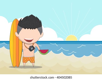 Vector illustration of a happy face man. a concept of balancing life holiday at sea, enjoy summer holidays. drawing by hand vector.
