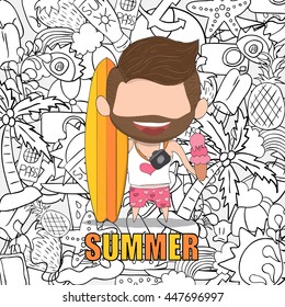 Vector illustration of a happy face man with beard summer symbols and objects. a concept of balancing life holiday at sea, drawing by hand vector.