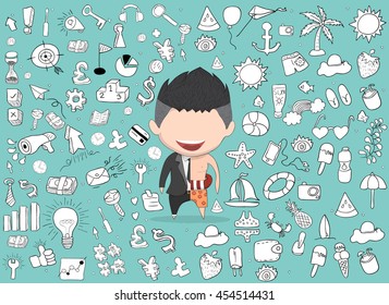 Vector illustration of a happy face man. a concept of balancing life holiday at sea, enjoy summer holidays. drawing by hand vector