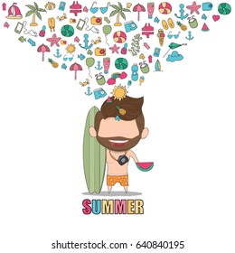 Vector illustration of a happy face man with beard summer symbols and objects. a concept of balancing life holiday at sea, drawing by hand vector. 