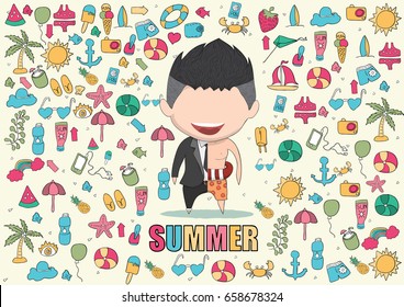Vector illustration of a happy face man. a concept of balancing life holiday at sea, enjoy summer holidays. drawing by hand vector