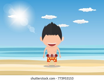 Vector illustration of a happy face man. a concept of balancing life holiday at sea, enjoy summer holidays