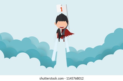 Vector illustration of a happy face superhero businessman on sky.startup concept flat design.