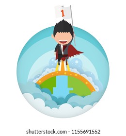 Vector illustration of a happy face superhero businessman on sky.startup concept flat design.