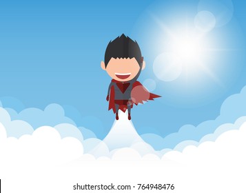 Vector illustration of a happy face superhero businessman on sky.