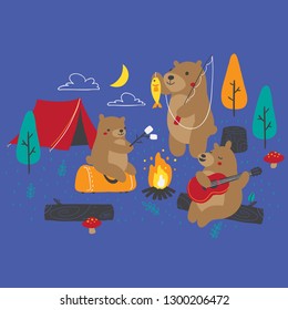 Vector illustration of happy family of bears camping in the woods