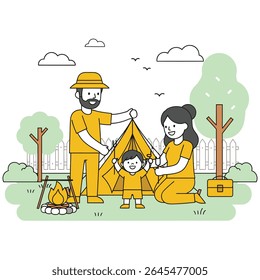 Ilustração vetorial de uma família feliz acampando. Aventura ao ar livre, união e natureza.