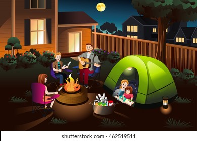 A Vector Illustration Of Happy Family Camping Together In The Backyard