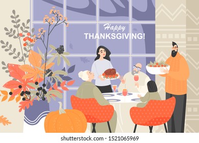 Vector illustration of a happy family celebrating Thanksgiving. Traditions uniting generations. Funny characters in cartoon style.