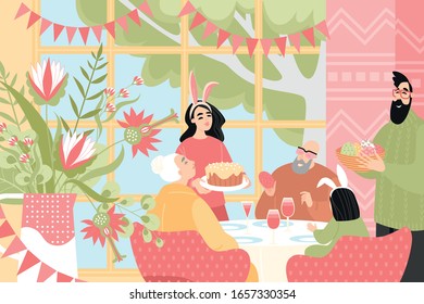 Vector illustration of a happy family celebrating Easter. Traditions uniting generations. Funny characters in cartoon style.