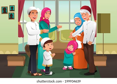 A vector illustration of Happy family celebrating Eid-al-fitr