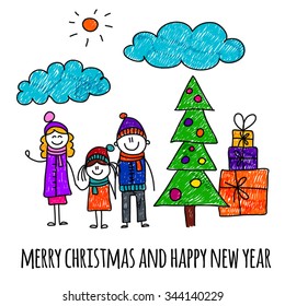 Vector illustration of happy family. Christmas time. Kids drawing