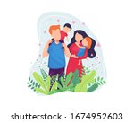 Vector illustration Happy family concept. Happy family hugging each other, Having fun together. Portrait of four member family posing together parents with kids. Vector illustration in flat style