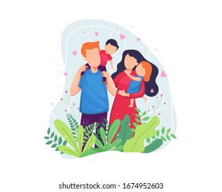 Vector illustration Happy family concept. Happy family hugging each other, Having fun together. Portrait of four member family posing together parents with kids. Vector illustration in flat style