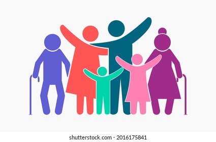 Vector illustration of a happy family consisting of grandparents, parents, sons and daughters on gray background.