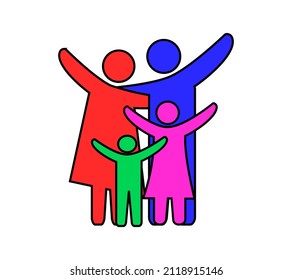 Vector illustration of a happy family consisting of parents, sons and daughters. Line style with various colors on a white background.