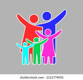 Vector illustration of a happy family consisting of parents, daughter and 2 sons on gray background.