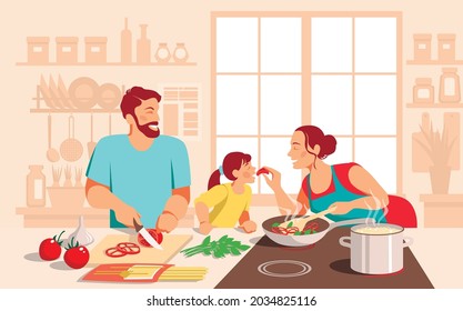 Ilustración del vector: feliz cocina familiar con tomates en la cocina de casa. Padre, madre, pequeña hija preparan juntos una sabrosa comida saludable.