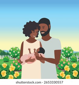 Vector illustration of a happy family couple hugging their little child tenderly and carefully in a blooming garden. Family day, loving parents, happy childhood.