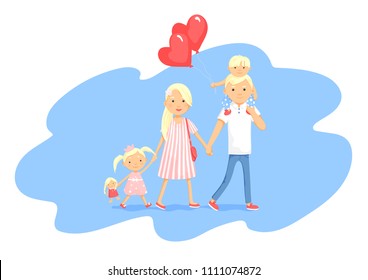 vector illustration of a happy family in cute cartoon style: parents with 2 children, the girl with a princess crown and a doll, the boy sitting on dad's shoulders holding heart shape balloons