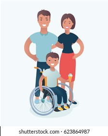 Vector illustration of happy family with disabled children concept in isolated on white background. Father, mother and son in wheelchairs standing together.