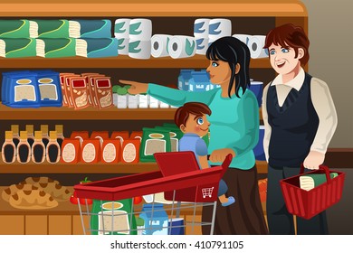 A vector illustration of happy family doing grocery shopping together