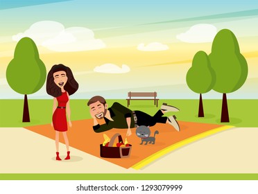 Vector illustration of happy family enjoying at outdoor picnic party at weekend. Cheerful couple and a cat are resting  in summer park, at rug the basket with meal in cartoon flat style.