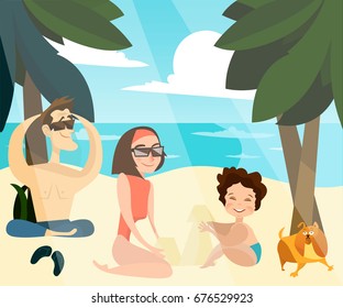 Vector illustration of happy family enjoying beach holiday. Father and mother with kid and dog pet taking rest on seashore. Summer vacations at the seaside.