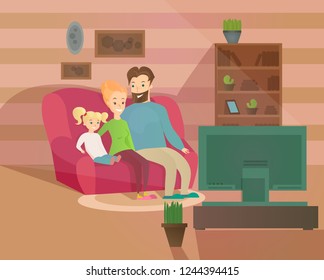 Vector illustration of happy family evening. Mother, father and kid watching television sitting on the couch at home, cozy interior in flat cartoon style.