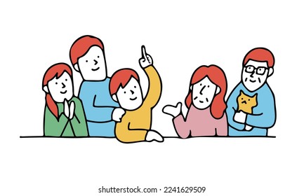 Vector illustration of happy family. Father, mother, grand father, grand mother, children and pet.