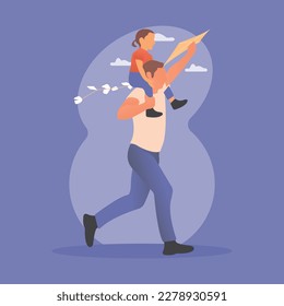 vector illustration happy family father and child run on meadow with a kite