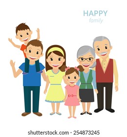 Vector illustration of happy family. Flat illustration of smiling dad, mom, grandparents and two kids isolated on white. Married couple of characters with little child and old grandparents are family