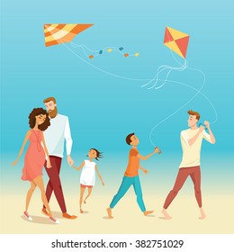 vector illustration of happy family flying a kite on the beach in cartoon style