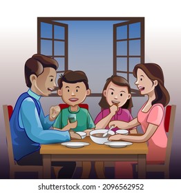 vector illustration, happy family gathering in dining room.