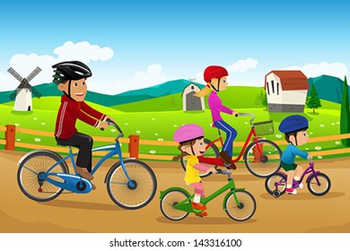 A vector illustration of happy family going biking together in a countryside rural area
