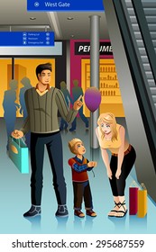 A vector illustration of happy family going shopping together