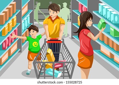 A vector illustration of happy family grocery shopping in supermarket