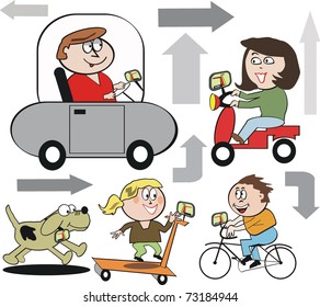 Vector illustration of happy family group using navigation devices such as GPS.