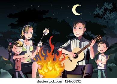 A vector illustration of a happy family having a bonfire outdoor