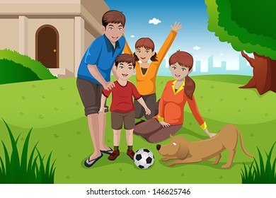 A vector illustration of happy family having fun with their pet outside their house