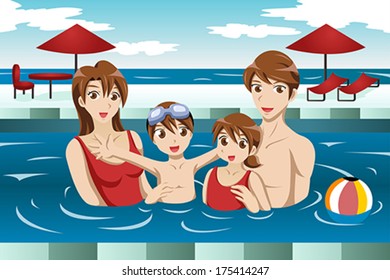 A vector illustration of happy family having fun in a swimming pool