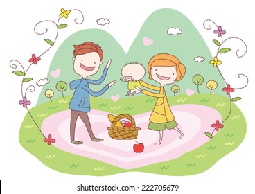 A vector illustration of a happy family having a picnic in the park