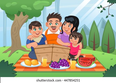 A vector illustration of happy family having a picnic together in the park